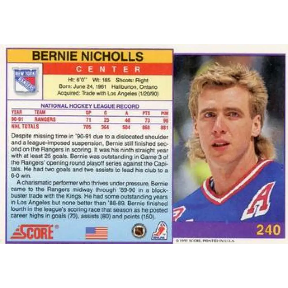 1991-92 Score American #240 Bernie Nicholls NM-MT New York Rangers Hockey Card  Image 2