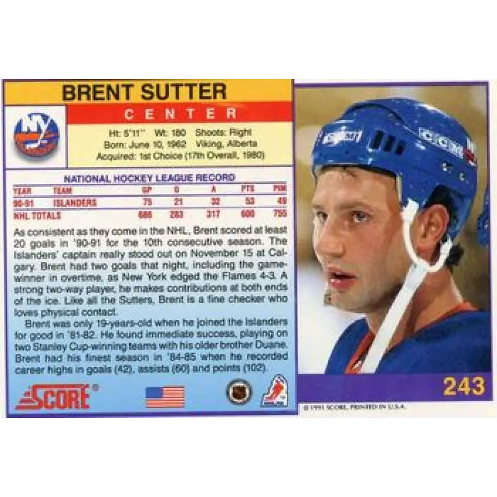 1991-92 Score American #243 Brent Sutter NM-MT New York Islanders Hockey Card  Image 2