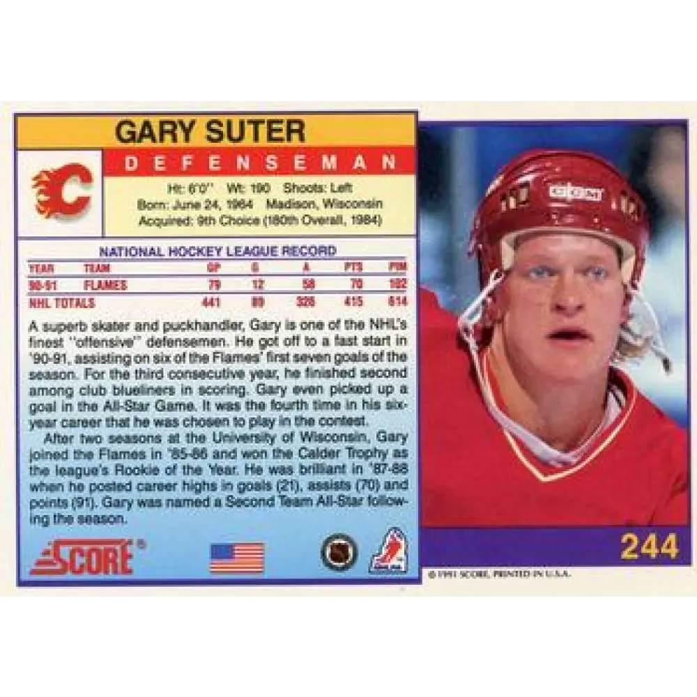 1991-92 Score American #244 Gary Suter NM-MT Calgary Flames Hockey Card  Image 2