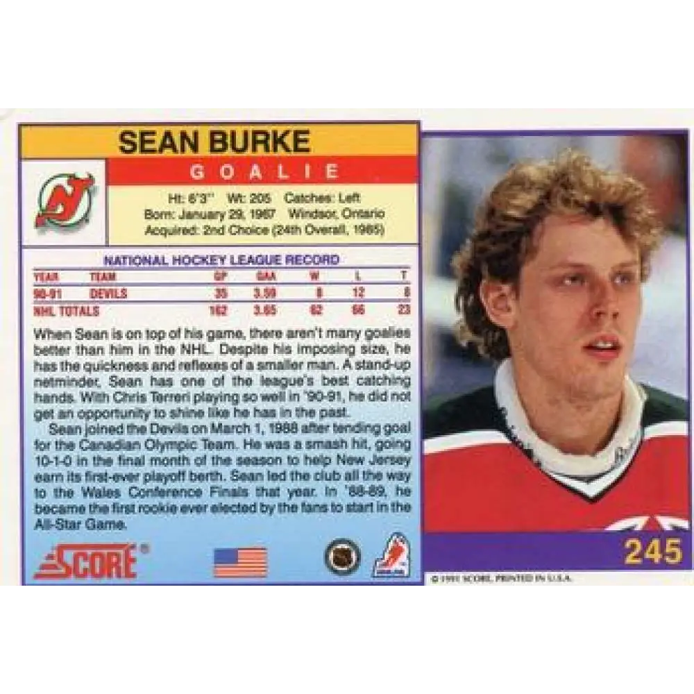 1991-92 Score American #245 Sean Burke NM-MT New Jersey Devils Hockey Card  Image 2