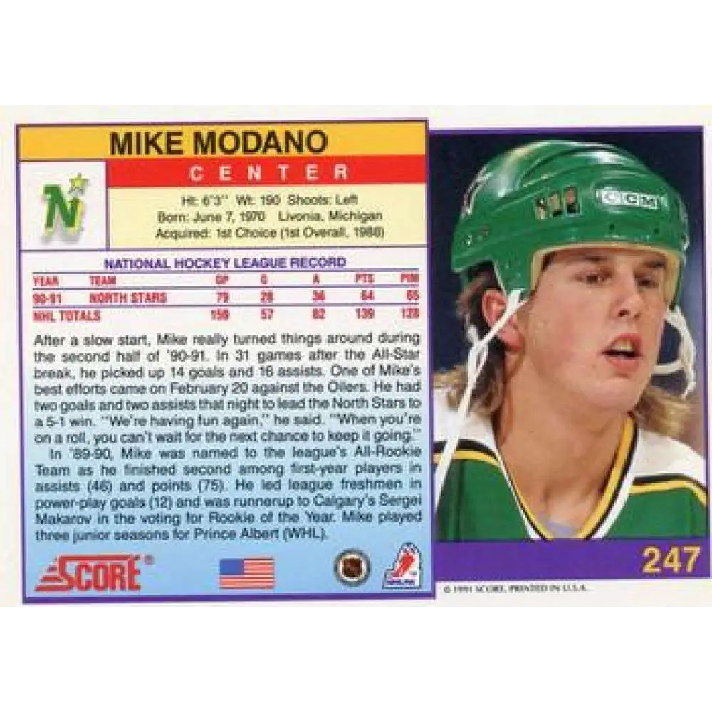 1991-92 Score American #247 Mike Modano NM-MT Minnesota North Stars Hockey Card  Image 2