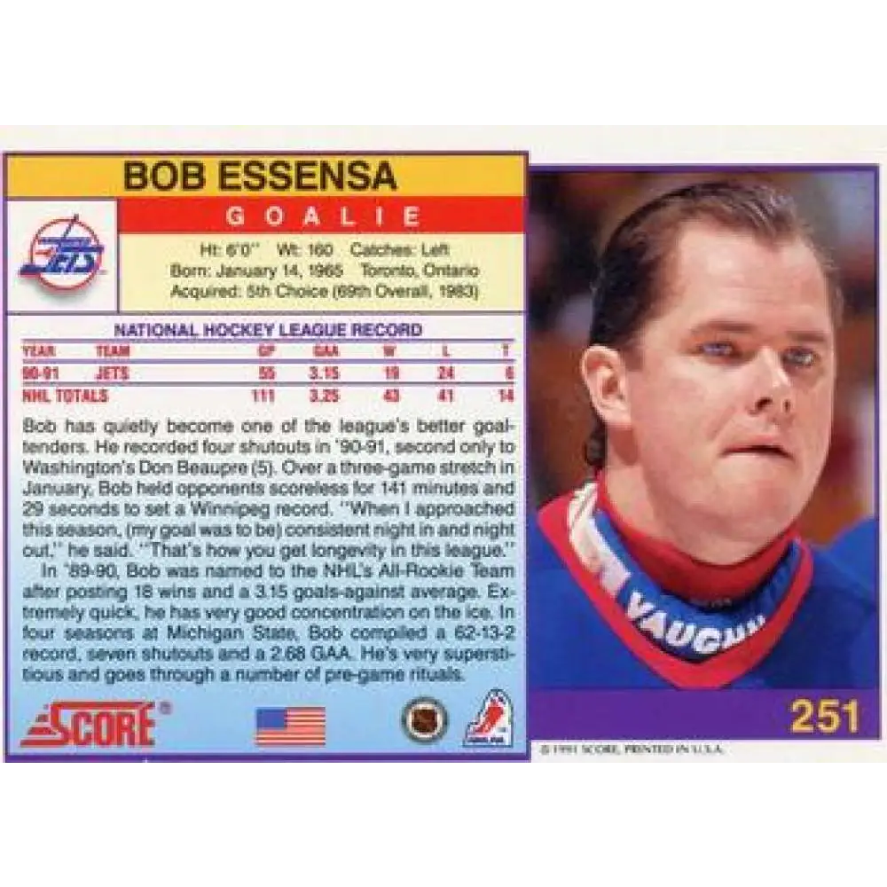 1991-92 Score American #251 Bob Essensa NM-MT Winnipeg Jets Hockey Card  Image 2