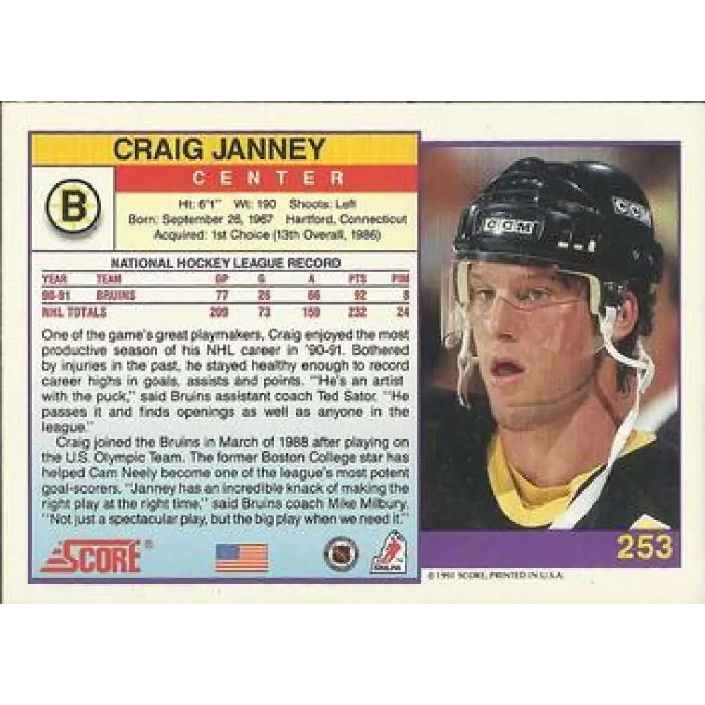 1991-92 Score American #253 Craig Janney NM-MT Boston Bruins Hockey Card  Image 2
