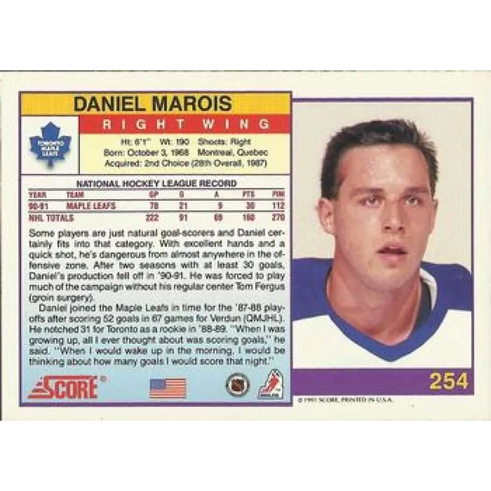 1991-92 Score American #254 Daniel Marois NM-MT Toronto Maple Leafs Hockey Card  Image 2