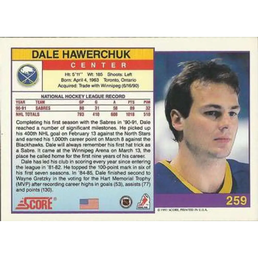 1991-92 Score American #259 Dale Hawerchuk NM-MT Buffalo Sabres Hockey Card  Image 2