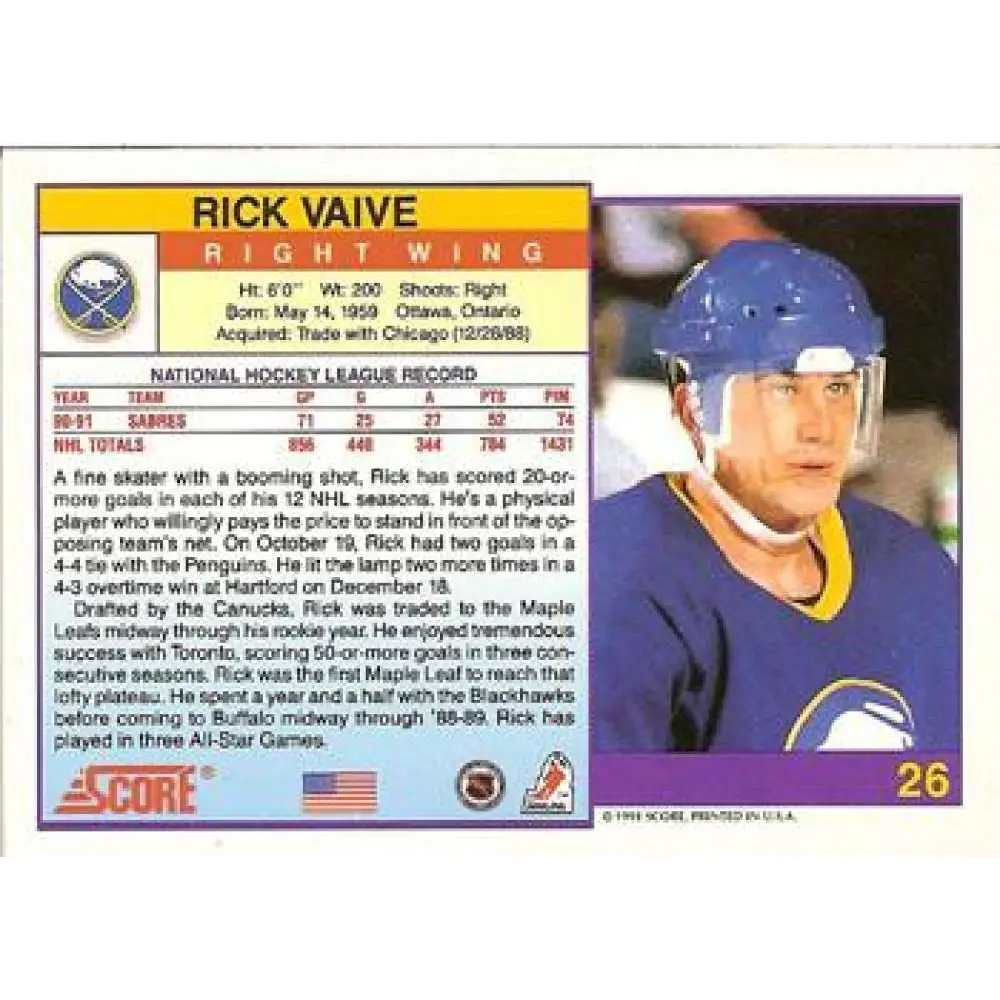 1991-92 Score American #26 Rick Vaive NM-MT Buffalo Sabres Hockey Card  Image 2