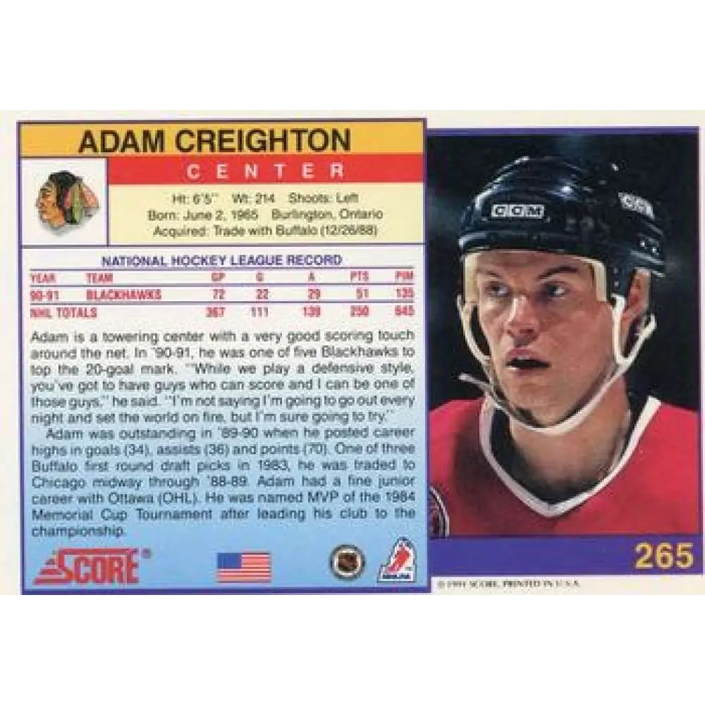1991-92 Score American #265 Adam Creighton NM-MT Chicago Blackhawks Hockey Card  Image 2