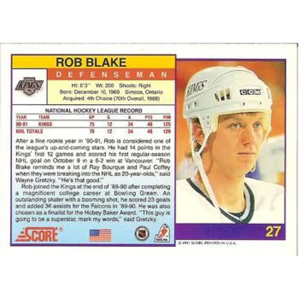 1991-92 Score American #27 Rob Blake NM-MT Los Angeles Kings Hockey Card  Image 2