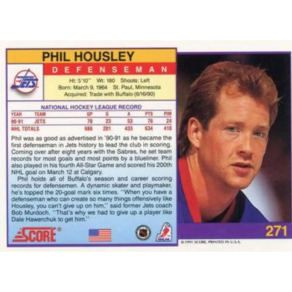 1991-92 Score American #271 Phil Housley NM-MT Winnipeg Jets Hockey Card  Image 2