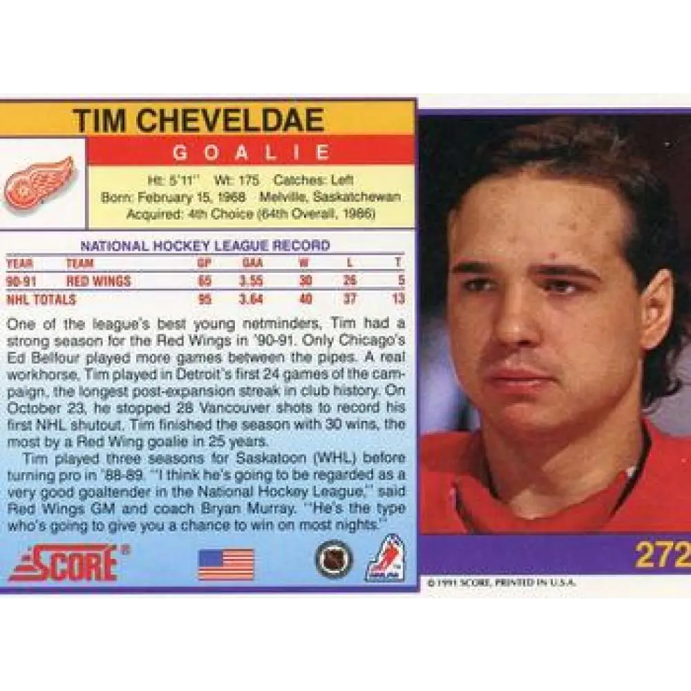 1991-92 Score American #272 Tim Cheveldae NM-MT Detroit Red Wings Hockey Card  Image 2
