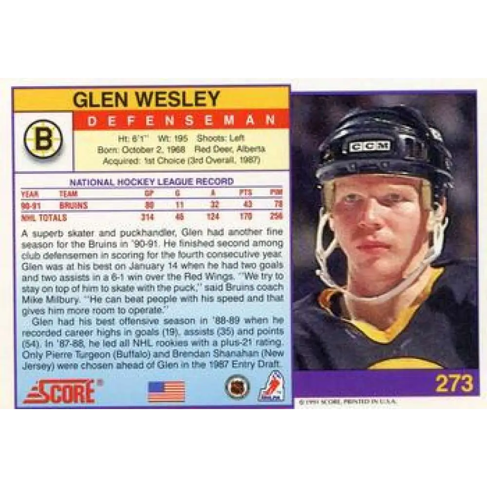1991-92 Score American #273 Glen Wesley NM-MT Boston Bruins Hockey Card  Image 2