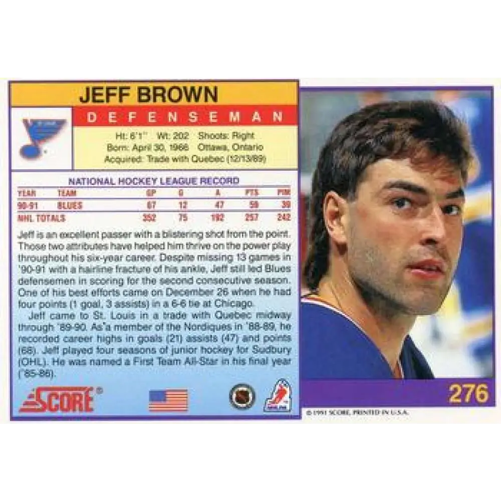 1991-92 Score American #276 Jeff Brown NM-MT St. Louis Blues Hockey Card  Image 2