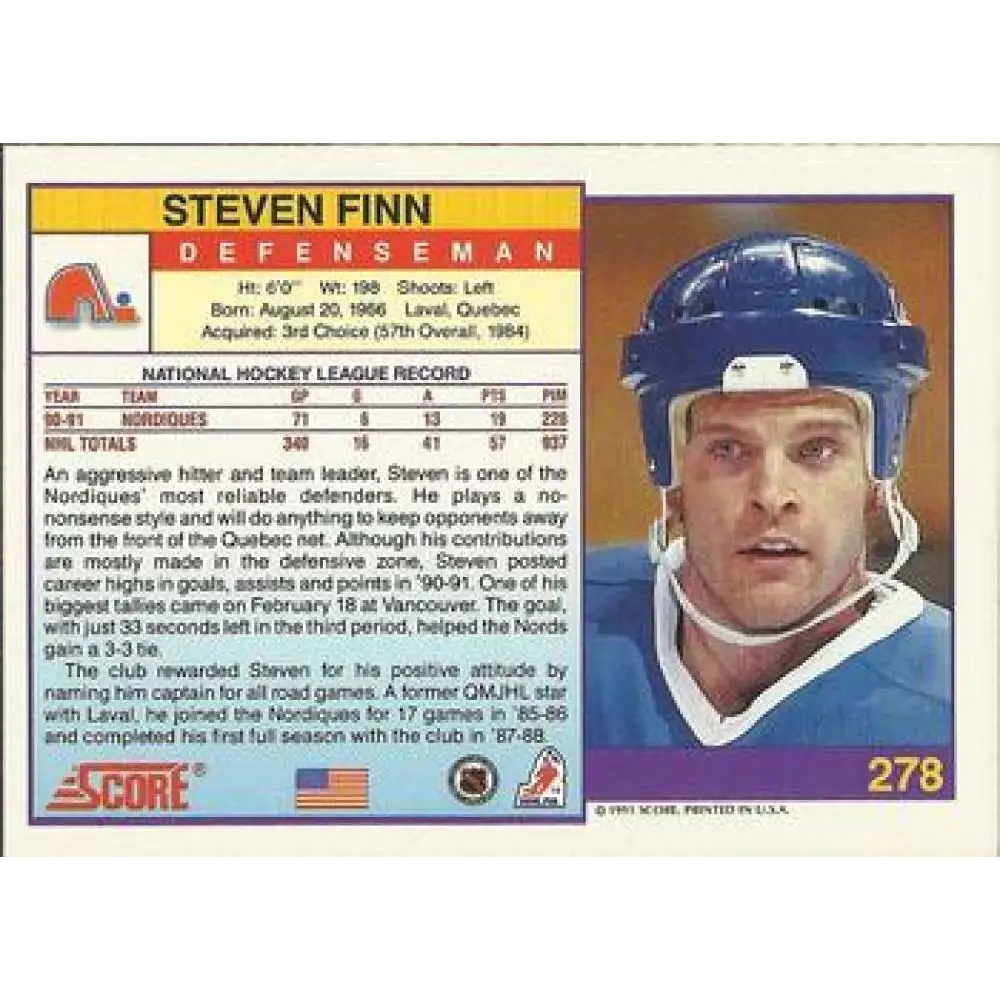 1991-92 Score American #278 Steven Finn NM-MT Quebec Nordiques Hockey Card  Image 2