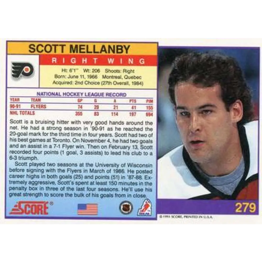 1991-92 Score American #279 Scott Mellanby NM-MT Philadelphia Flyers Hockey Card  Image 2
