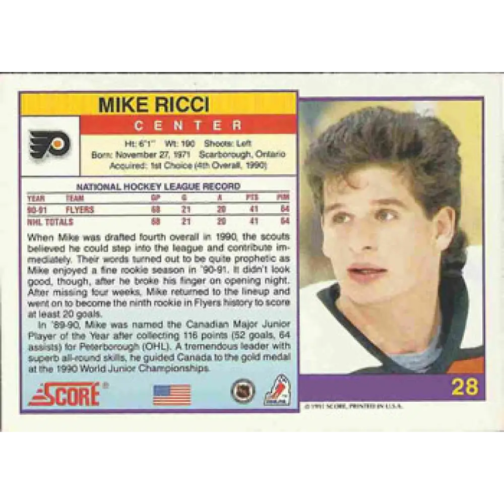 1991-92 Score American #28 Mike Ricci NM-MT Philadelphia Flyers Hockey Card  Image 2