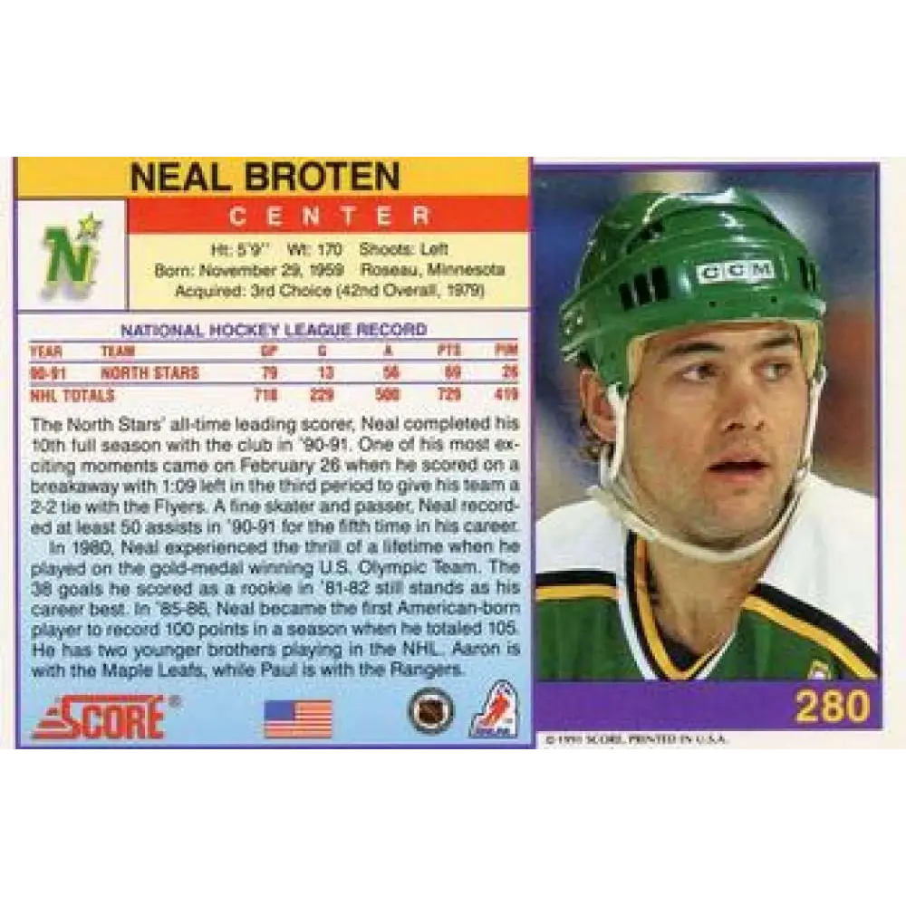 1991-92 Score American #280 Neal Broten NM-MT Minnesota North Stars Hockey Card  Image 2