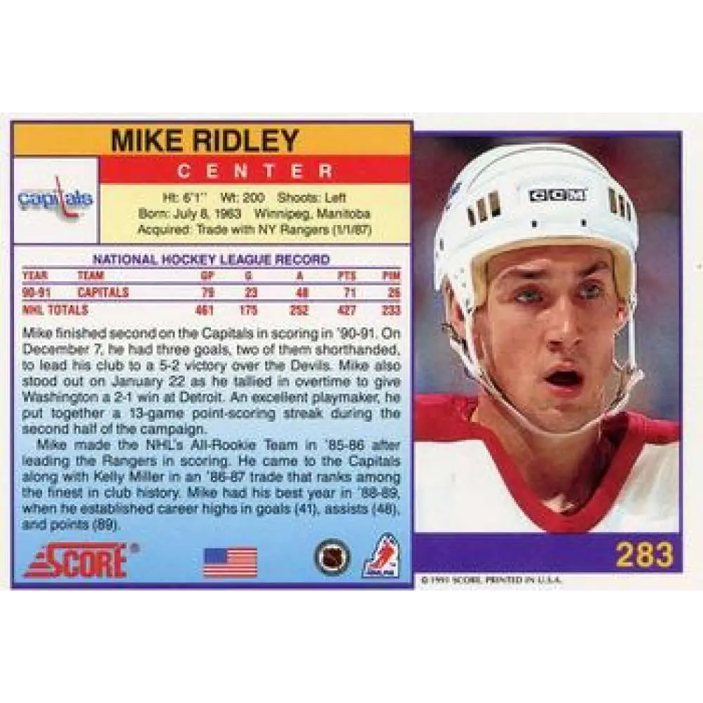 1991-92 Score American #283 Mike Ridley NM-MT Washington Capitals Hockey Card  Image 2