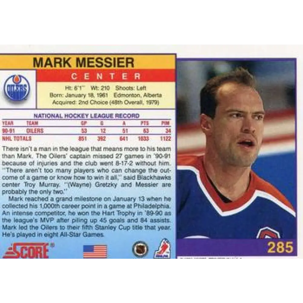 1991-92 Score American #285 Mark Messier NM-MT Edmonton Oilers Hockey Card  Image 2