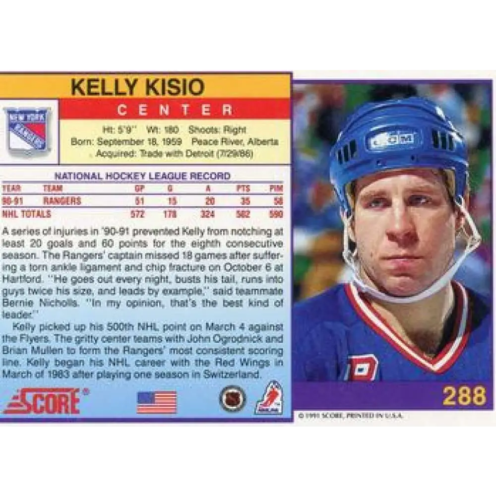 1991-92 Score American #288 Kelly Kisio NM-MT New York Rangers Hockey Card  Image 2