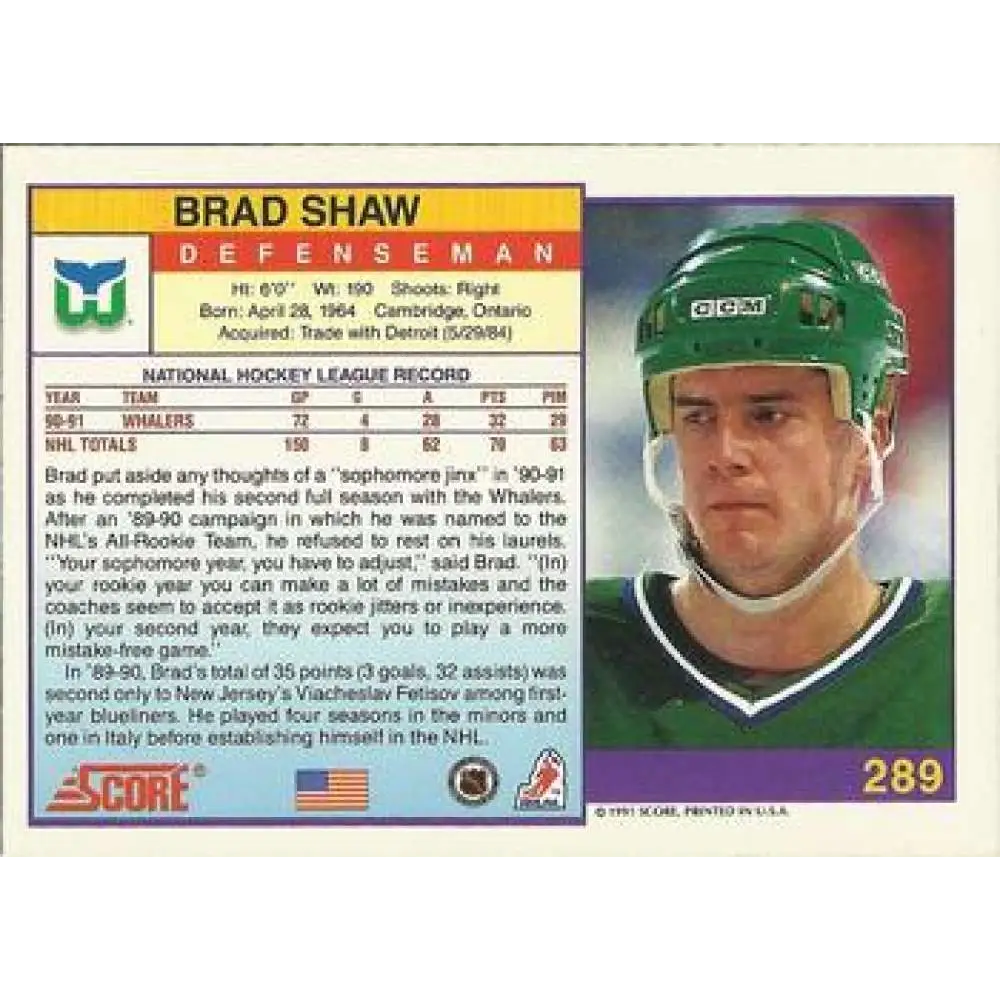 1991-92 Score American #289 Brad Shaw NM-MT Hartford Whalers Hockey Card  Image 2