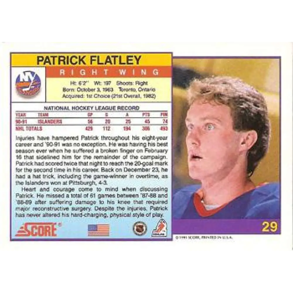 1991-92 Score American #29 Pat Flatley NM-MT New York Islanders Hockey Card  Image 2