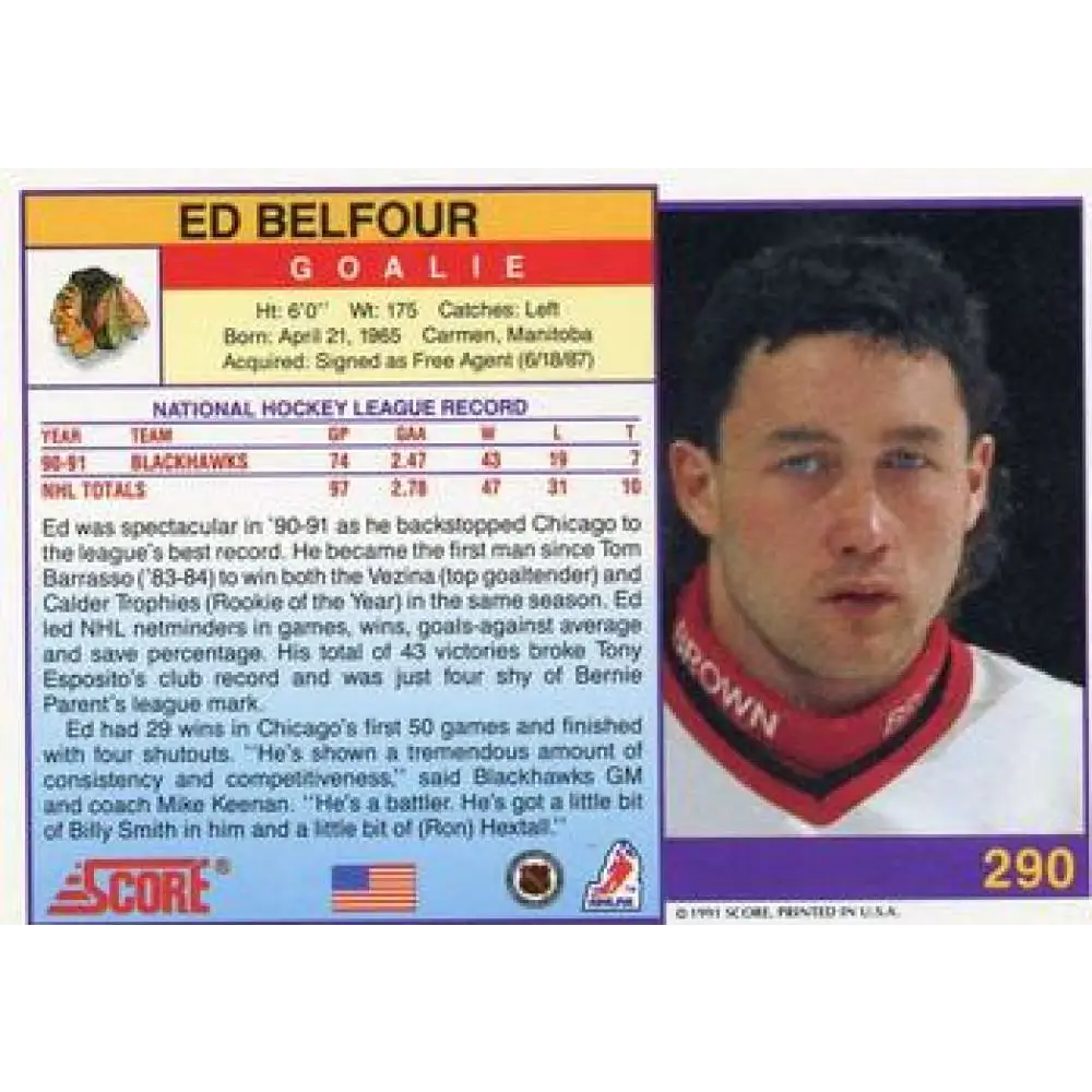 1991-92 Score American #290 Ed Belfour NM-MT Chicago Blackhawks Hockey Card  Image 2