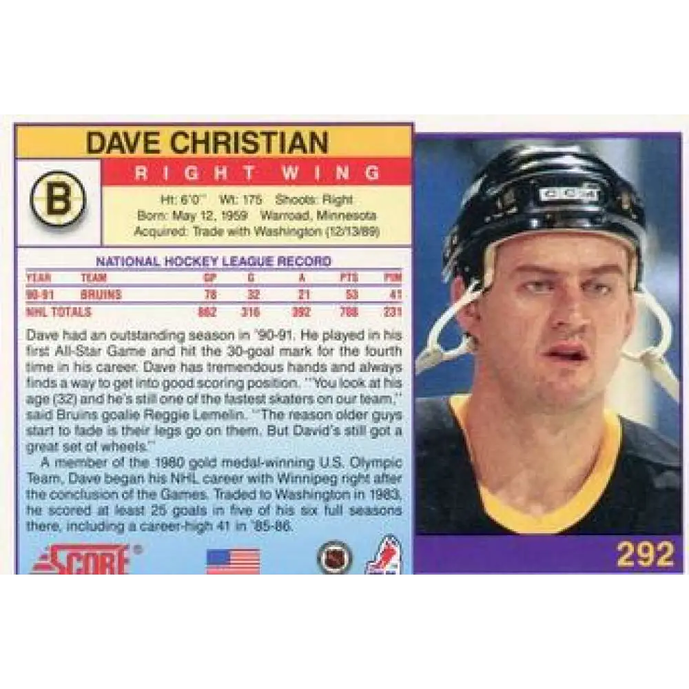 1991-92 Score American #292 Dave Christian NM-MT Boston Bruins Hockey Card  Image 2