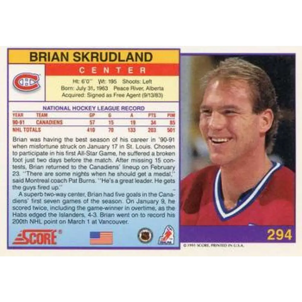 1991-92 Score American #294 Brian Skrudland NM-MT Montreal Canadiens Hockey Card  Image 2
