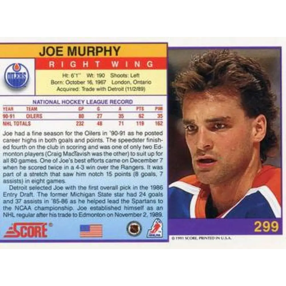 1991-92 Score American #299 Joe Murphy NM-MT Edmonton Oilers Hockey Card  Image 2