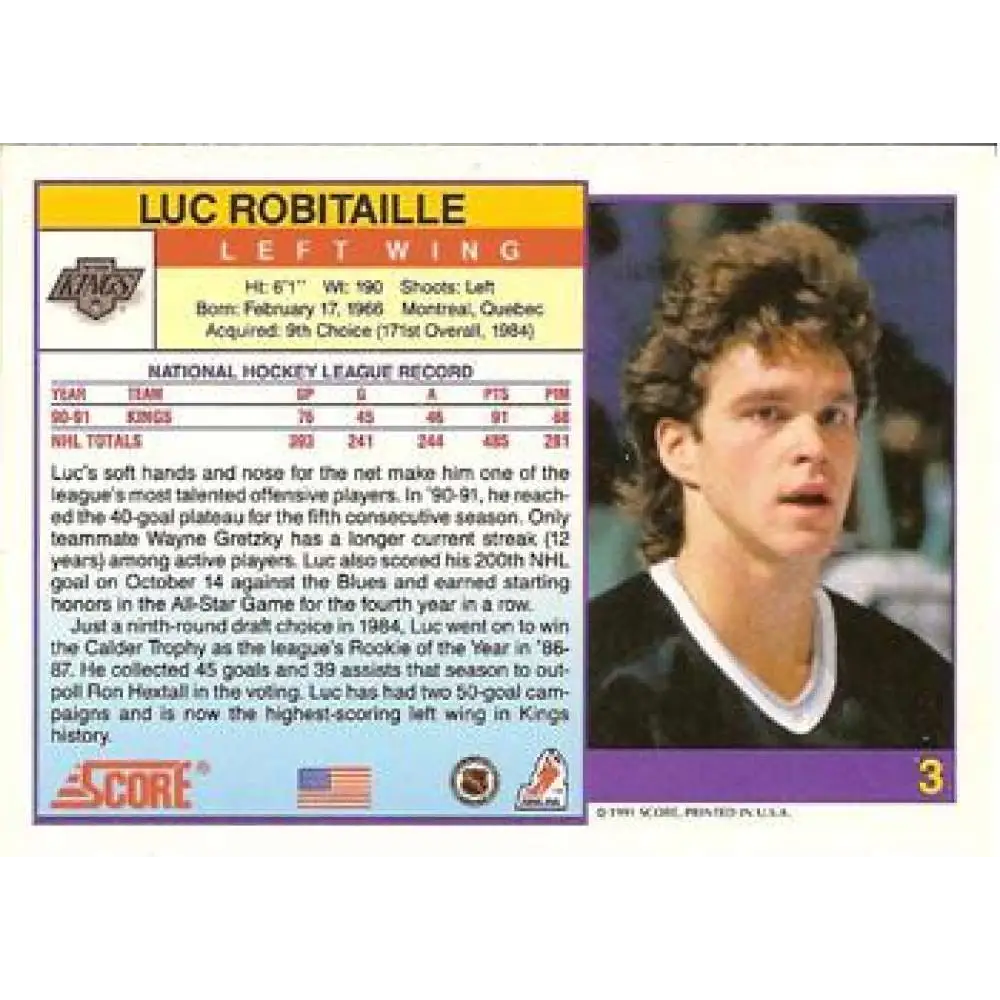 1991-92 Score American #3 Luc Robitaille NM-MT Los Angeles Kings Hockey Card  Image 2