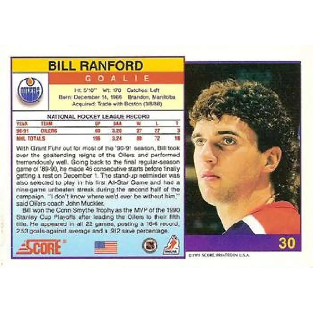 1991-92 Score American #30 Bill Ranford NM-MT Edmonton Oilers Hockey Card  Image 2