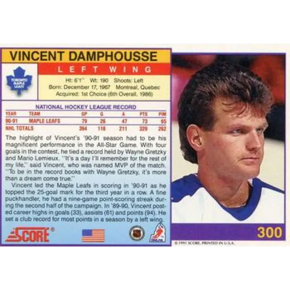 1991-92 Score American #300 Vincent Damphousse NM-MT Toronto Maple Leafs Hockey Card  Image 2