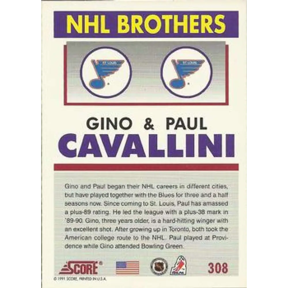 1991-92 Score American #308 Paul Cavallini/Gino Cavallini NM-MT St. Louis Blues Hockey Card  Image 2