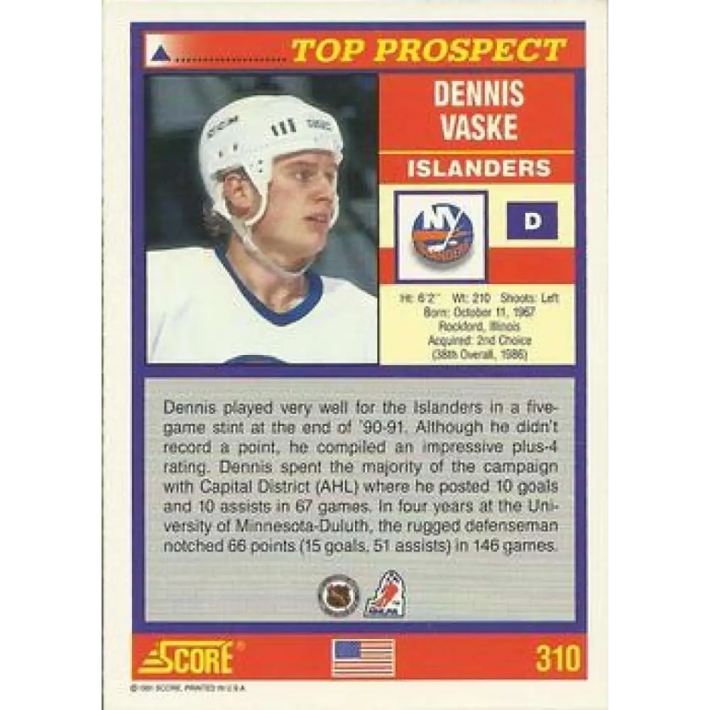 1991-92 Score American #310 Dennis Vaske NM-MT New York Islanders Hockey Card  Image 2