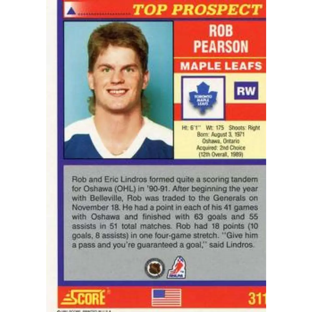 1991-92 Score American #311 Rob Pearson NM-MT RC Rookie Toronto Maple Leafs Hockey Card  Image 2