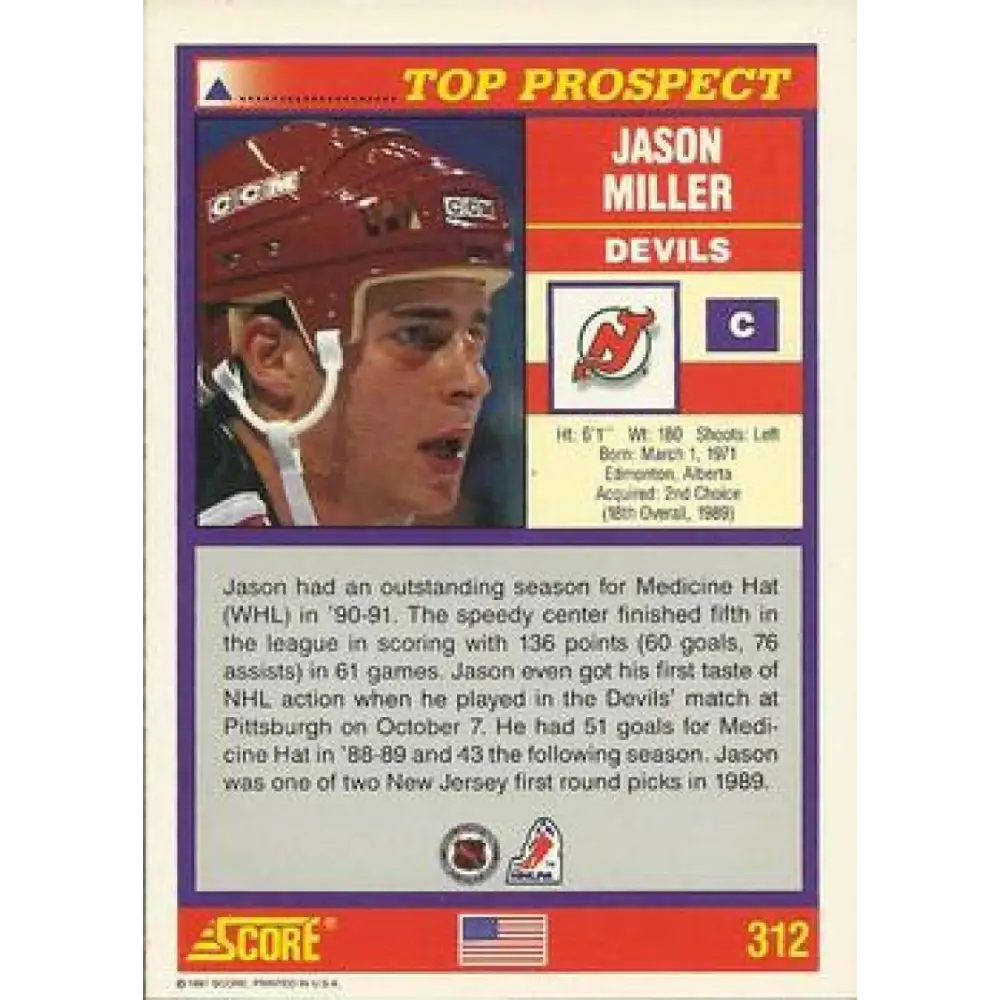 1991-92 Score American #312 Jason Miller NM-MT New Jersey Devils Hockey Card  Image 2