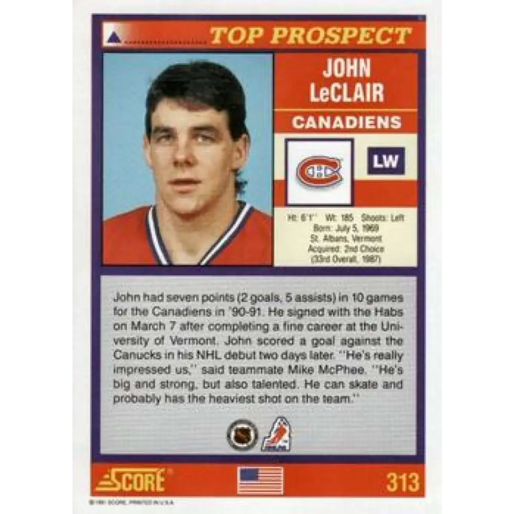 1991-92 Score American #313 John LeClair NM-MT RC Rookie Montreal Canadiens Hockey Card  Image 2