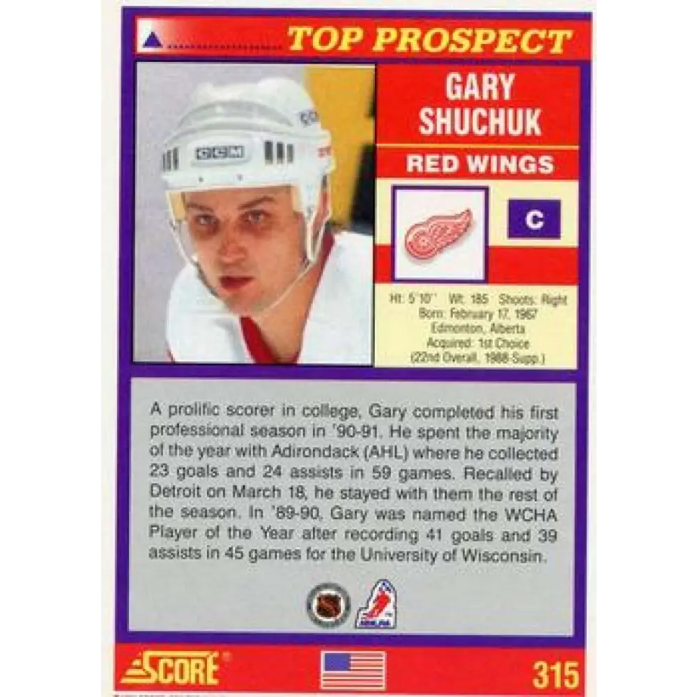 1991-92 Score American #315 Gary Shuchuk NM-MT Detroit Red Wings Hockey Card  Image 2