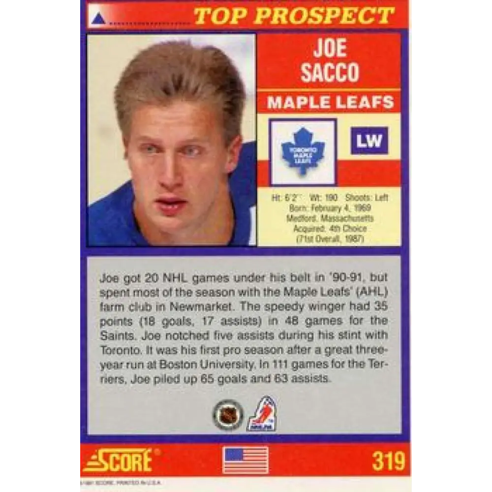 1991-92 Score American #319 Joe Sacco NM-MT RC Rookie Toronto Maple Leafs Hockey Card  Image 2
