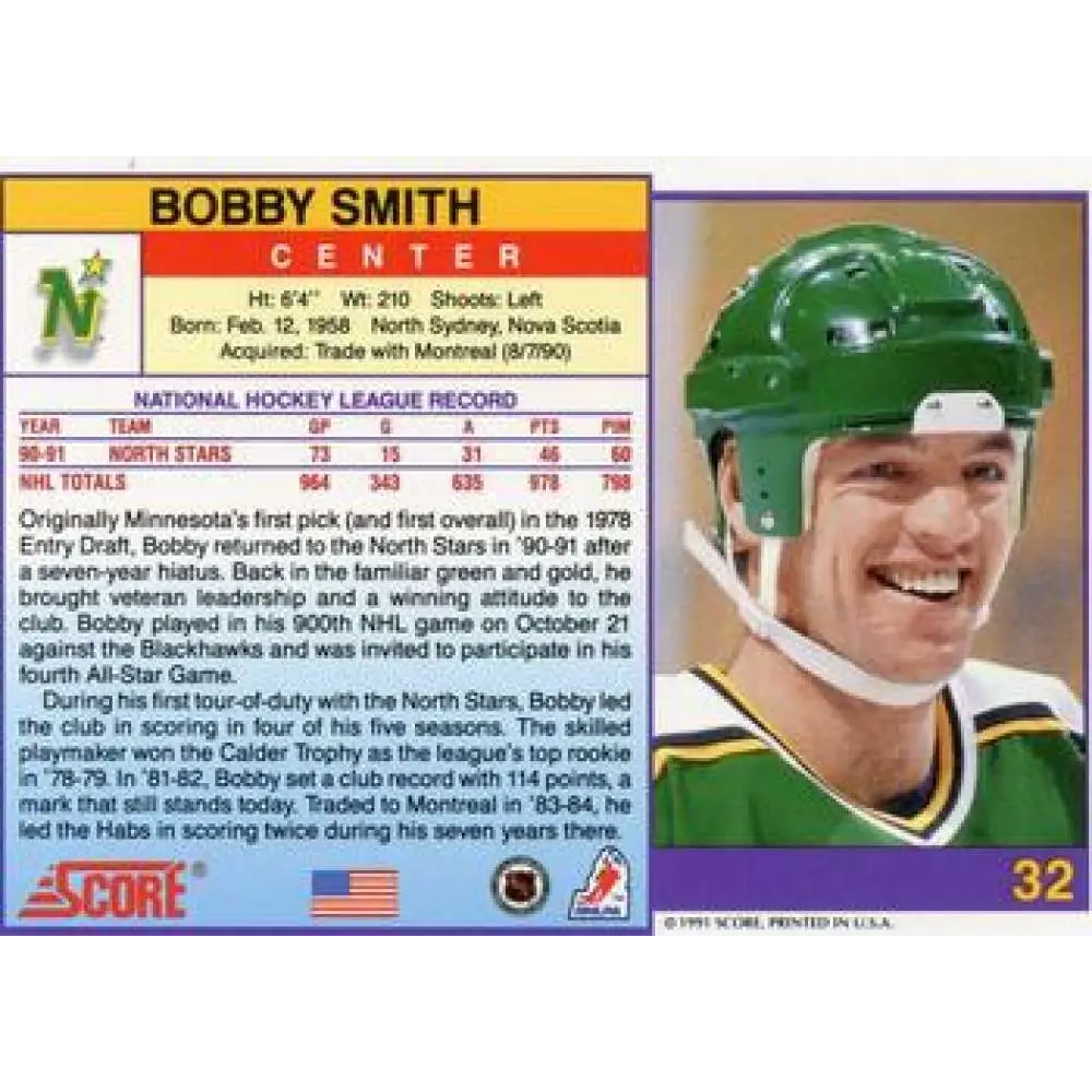 1991-92 Score American #32 Bobby Smith NM-MT Minnesota North Stars Hockey Card  Image 2