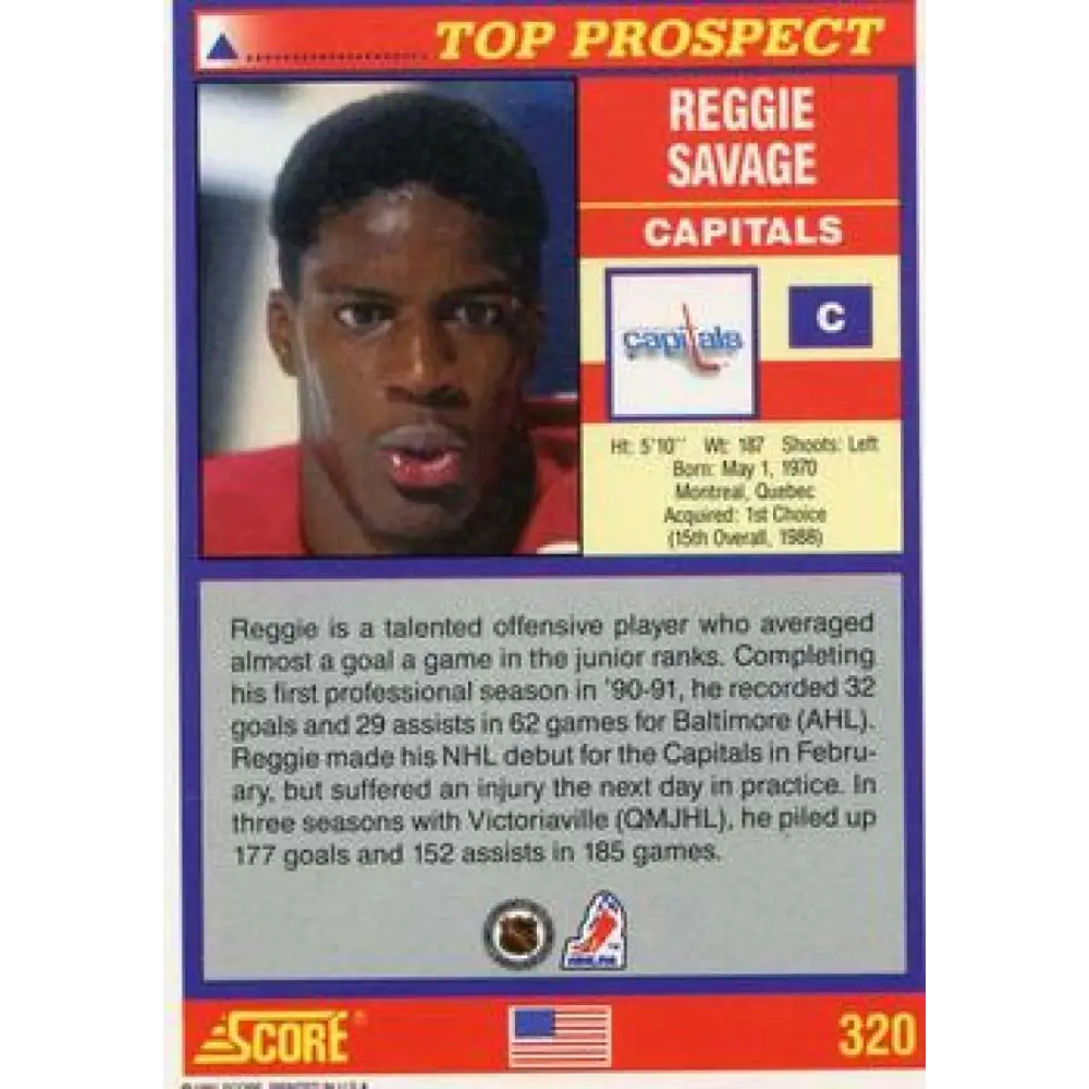 1991-92 Score American #320 Reggie Savage NM-MT RC Rookie Washington Capitals Hockey Card  Image 2