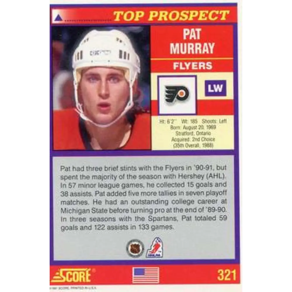 1991-92 Score American #321 Pat Murray NM-MT Philadelphia Flyers Hockey Card  Image 2