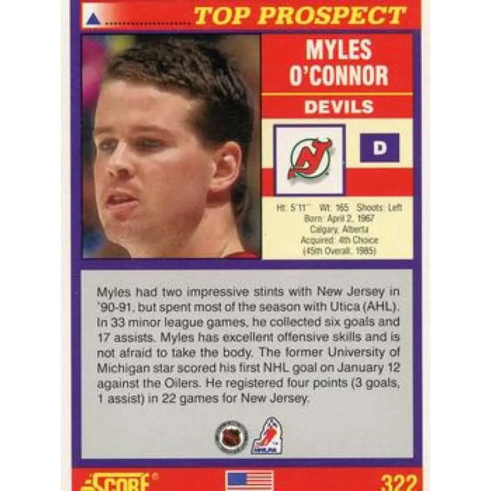 1991-92 Score American #322 Myles O'Connor NM-MT New Jersey Devils Hockey Card  Image 2