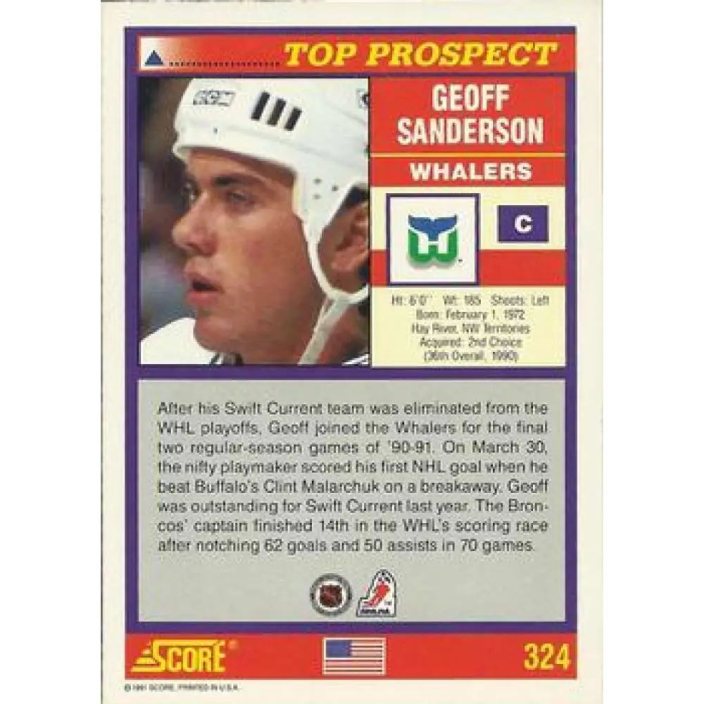 1991-92 Score American #324 Geoff Sanderson NM-MT RC Rookie Hartford Whalers Hockey Card  Image 2