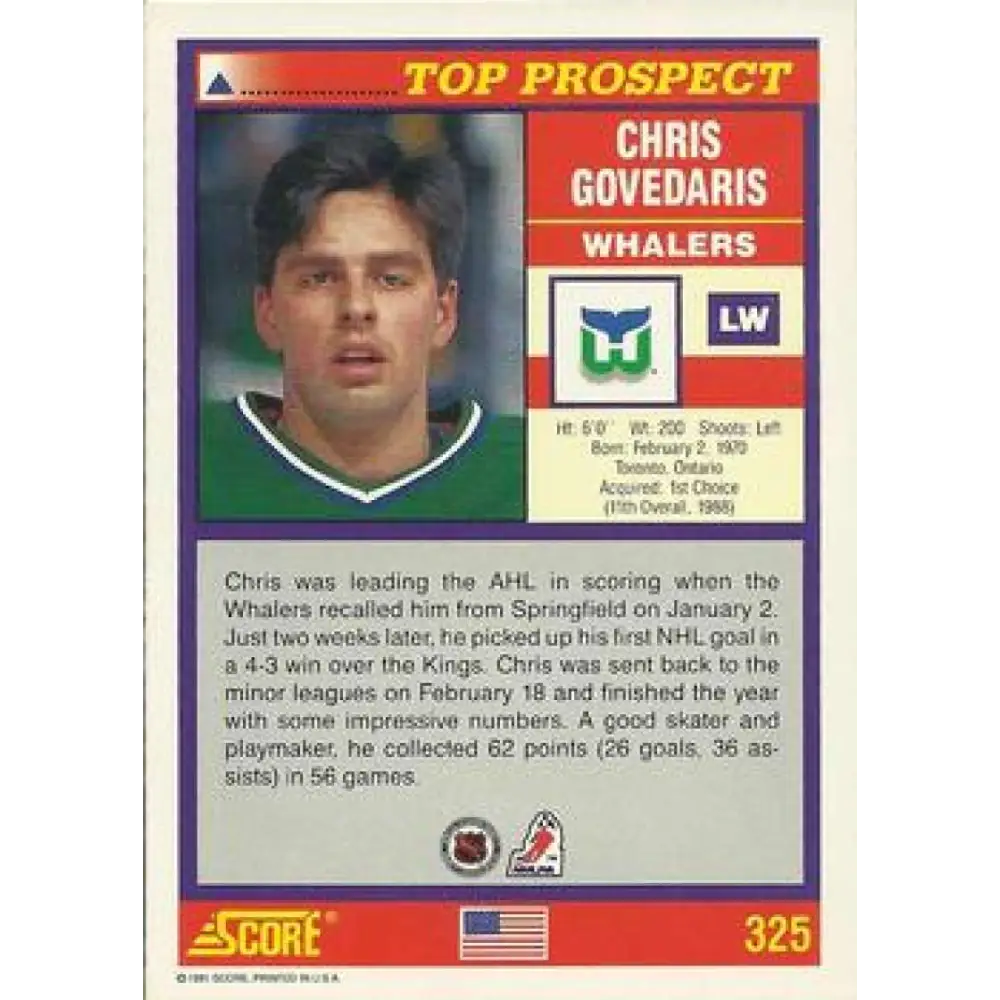 1991-92 Score American #325 Chris Govedaris NM-MT Hartford Whalers Hockey Card  Image 2