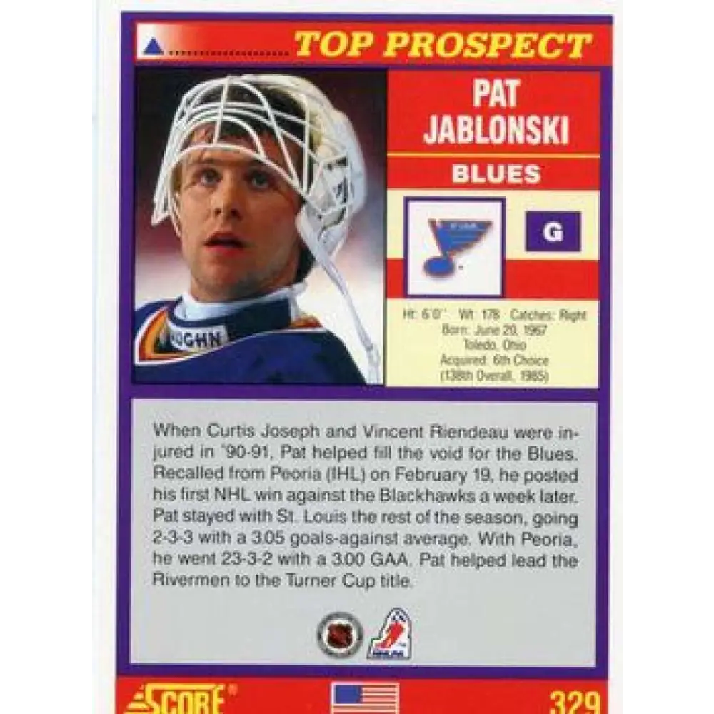 1991-92 Score American #329 Pat Jablonski NM-MT RC Rookie St. Louis Blues Hockey Card  Image 2