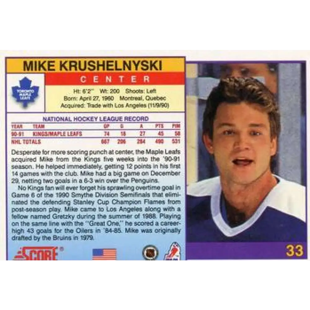 1991-92 Score American #33 Mike Krushelnyski NM-MT Toronto Maple Leafs Hockey Card  Image 2