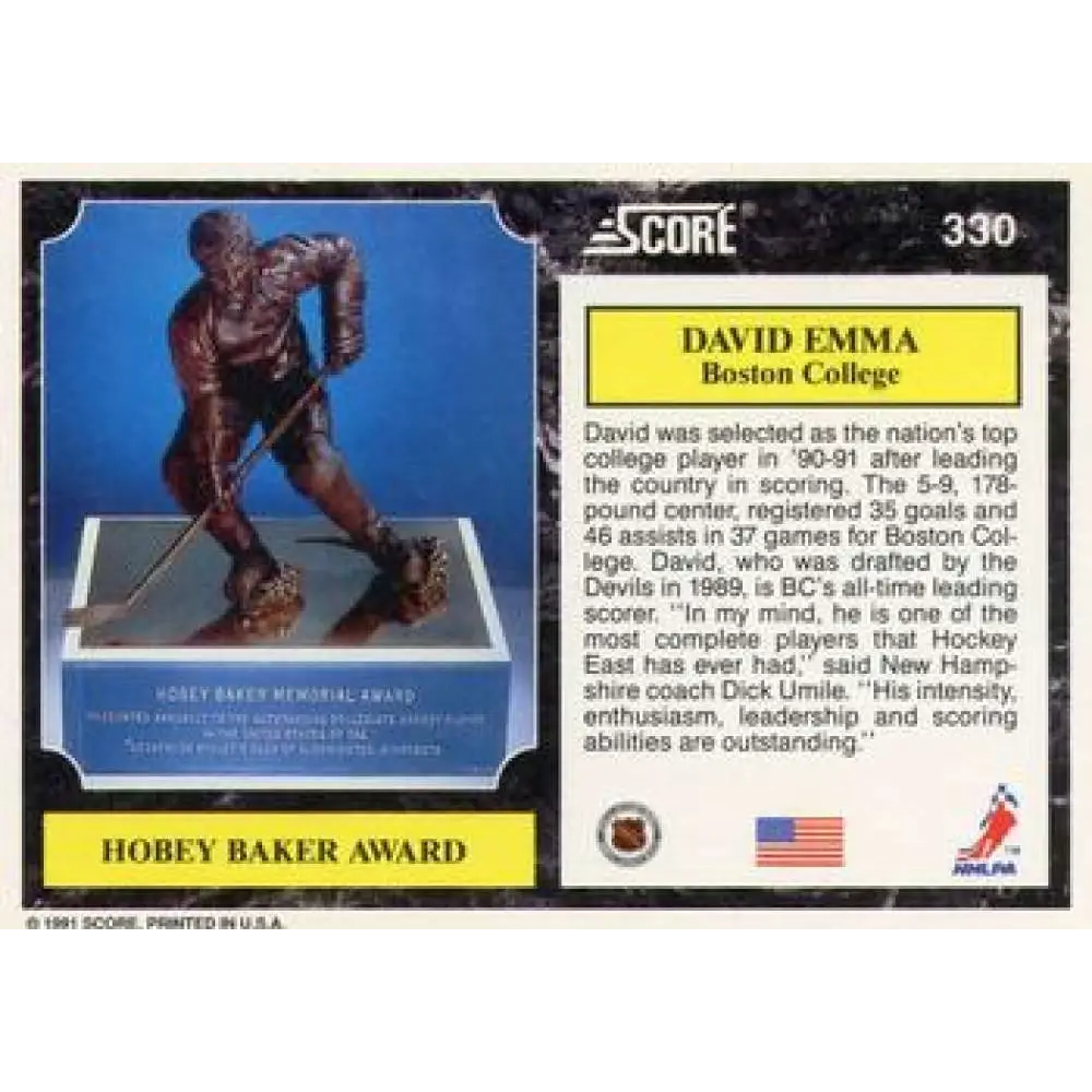 1991-92 Score American #330 David Emma NM-MT RC Rookie Hockey Card  Image 2