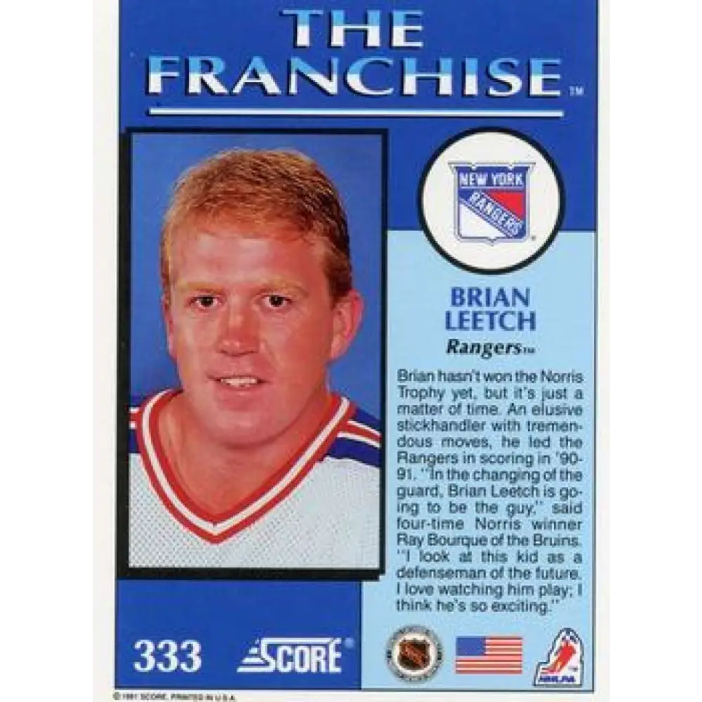 1991-92 Score American #333 Brian Leetch NM-MT New York Rangers Hockey Card  Image 2