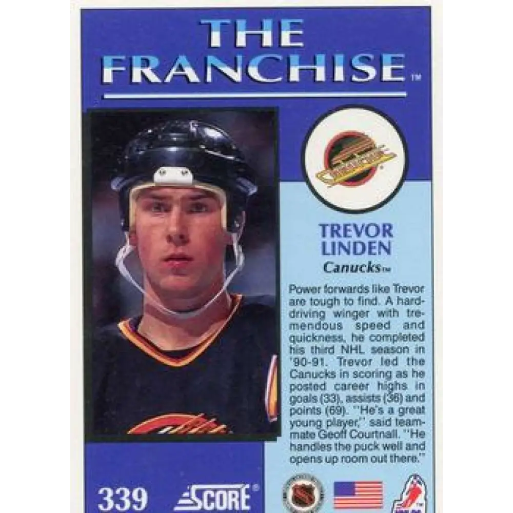 1991-92 Score American #339 Trevor Linden NM-MT Vancouver Canucks Hockey Card  Image 2